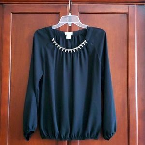 Pretty Good Black Long Sleeve Rhinestone Detail Blouse